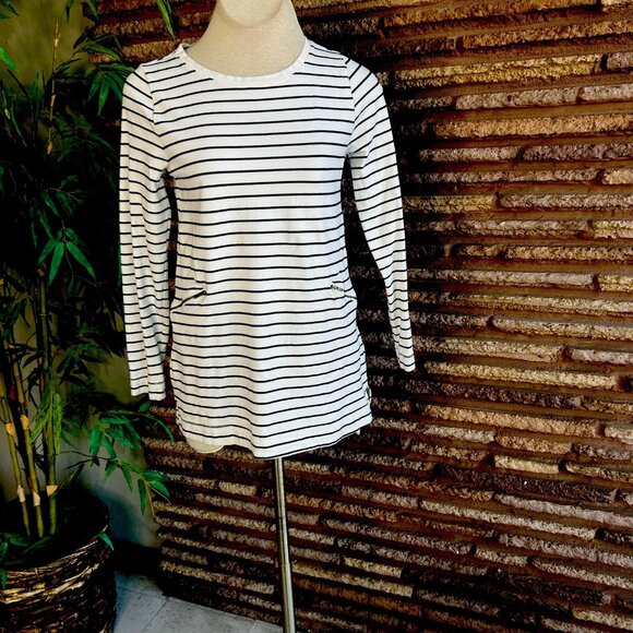Merona Black and White Striped Stretch Cotton Casual Tunic Top Zip Pockets - Picture 4 of 7